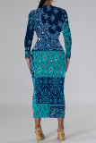 Turquoise Casual Geometric Print Contrast O Neck Printed Dresses