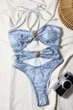 Blue Sexy Faux Denim Print Hollow Out Metal Accessories Trim Backless Belted Swimwears (With Paddings)