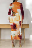 Turquoise Casual Geometric Print Contrast O Neck Printed Dresses