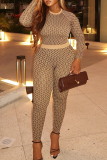 Khaki Casual Print Patchwork O Neck Skinny Jumpsuits