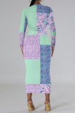 Turquoise Casual Geometric Print Contrast O Neck Printed Dresses