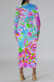 Turquoise Casual Geometric Print Contrast O Neck Printed Dresses