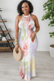 Cream White Sexy Floral Print Hollow Out Contrast O Neck Printed Dresses