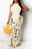 Cream White Sexy Floral Print Hollow Out Contrast O Neck Printed Dresses