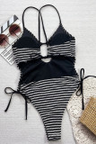 Black Sexy Hot Striped Print Hollow Out Backless Belted Swimwears (With Paddings)