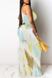 Cream White Sexy Floral Print Hollow Out Contrast O Neck Printed Dresses
