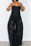 Black Sexy Solid Color Lace Hollow Out Strapless Sleeveless Two Pieces