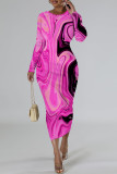 Turquoise Casual Geometric Print Contrast O Neck Printed Dresses