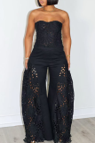 Black Sexy Solid Color Lace Hollow Out Strapless Sleeveless Two Pieces