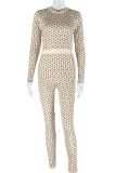 Khaki Casual Print Patchwork O Neck Skinny Jumpsuits
