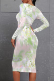 Light Pink Casual Floral Print Gradient Contrast O Neck Printed Dresses