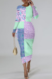 Turquoise Casual Geometric Print Contrast O Neck Printed Dresses