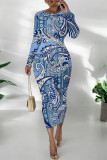 Turquoise Casual Geometric Print Contrast O Neck Printed Dresses