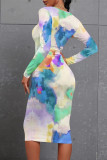 Light Pink Casual Floral Print Gradient Contrast O Neck Printed Dresses