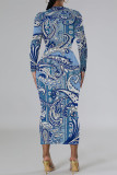 Turquoise Casual Geometric Print Contrast O Neck Printed Dresses