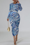 Turquoise Casual Geometric Print Contrast O Neck Printed Dresses