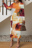 Turquoise Casual Geometric Print Contrast O Neck Printed Dresses