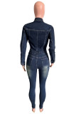 Deep Blue Casual Daily Solid Color Buttons Turndown Collar Long Sleeve High Waist Bodycon Denim Jumpsuits