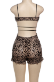 Khaki Sexy Leopard Print Strap Design Ruffled Trim Spaghetti Strap Skinny Rompers