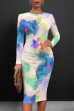 Light Pink Casual Floral Print Gradient Contrast O Neck Printed Dresses