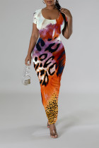 Orange Casual Leopard Print Tiger Stripes Contrast O Neck Printed Short Sleeve Dress