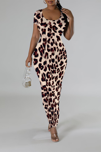 Leopard Print Casual Leopard Print Tiger Stripes Contrast O Neck Printed Short Sleeve Dress