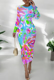 Turquoise Casual Geometric Print Contrast O Neck Printed Dresses