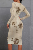 Light Pink Casual Floral Print Gradient Contrast O Neck Printed Dresses
