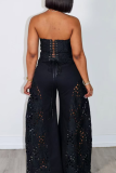 Black Sexy Solid Color Lace Hollow Out Strapless Sleeveless Two Pieces