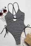 Black Sexy Hot Striped Print Hollow Out Backless Belted Swimwears (With Paddings)