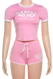 Pink Casual Letters Patchwork O Neck Short Sleeve Two Pieces
