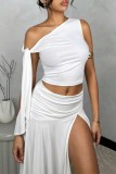 White Sexy Solid Color Slit Ruched Irregular Belted Oblique Collar Sleeveless Two Pieces