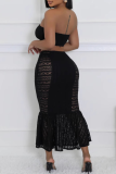 Black Sexy Solid Color Lace Patchwork Strapless Sleeveless Two Pieces