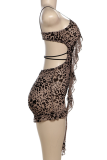 Khaki Sexy Leopard Print Strap Design Ruffled Trim Spaghetti Strap Skinny Rompers