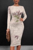 Light Pink Casual Floral Print Gradient Contrast O Neck Printed Dresses