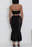 Black Sexy Solid Color Lace Patchwork Strapless Sleeveless Two Pieces