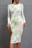 Light Pink Casual Floral Print Gradient Contrast O Neck Printed Dresses