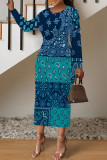 Turquoise Casual Geometric Print Contrast O Neck Printed Dresses