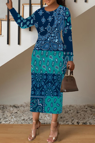 Turquoise Casual Geometric Print Contrast O Neck Printed Dresses