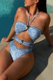 Blue Sexy Faux Denim Print Hollow Out Metal Accessories Trim Backless Belted Swimwears (With Paddings)
