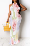 Cream White Sexy Floral Print Hollow Out Contrast O Neck Printed Dresses