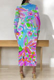 Turquoise Casual Geometric Print Contrast O Neck Printed Dresses