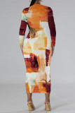 Turquoise Casual Geometric Print Contrast O Neck Printed Dresses