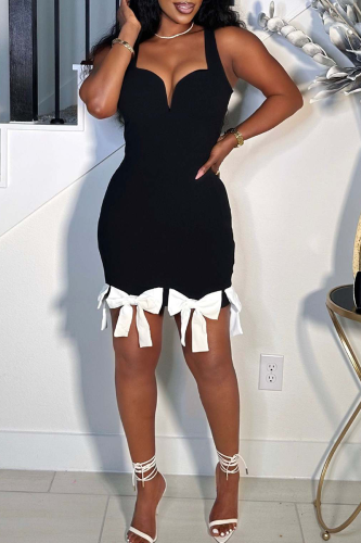 Black Sexy Patchwork Bow Decor Spaghetti Strap Sling Dresses
