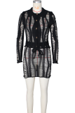 Black Sexy Solid Color Hollow Out Buttons Strap Design Turndown Collar Long Sleeve Two Pieces