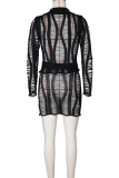 Black Sexy Solid Color Hollow Out Buttons Strap Design Turndown Collar Long Sleeve Two Pieces