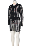 Black Sexy Solid Color Hollow Out Buttons Strap Design Turndown Collar Long Sleeve Two Pieces