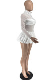 White Sexy Solid Color Patchwork See-Through Turtleneck Long Sleeve Dresses