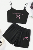 Black Sexy Print Patchwork Spaghetti Strap Sleeveless Two Pieces