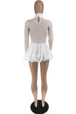 White Sexy Solid Color Patchwork See-Through Turtleneck Long Sleeve Dresses